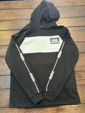 Puma Black Hoodie with White Chest Stripe and Sleeve Logos